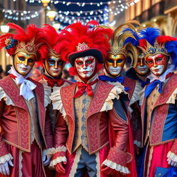 A vibrant group of young men dressed in elaborate Venetian carnival costumes, complete with ornate masks and colorful attire
