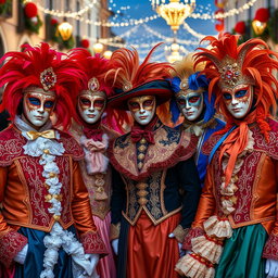 A vibrant group of young men dressed in elaborate Venetian carnival costumes, complete with ornate masks and colorful attire