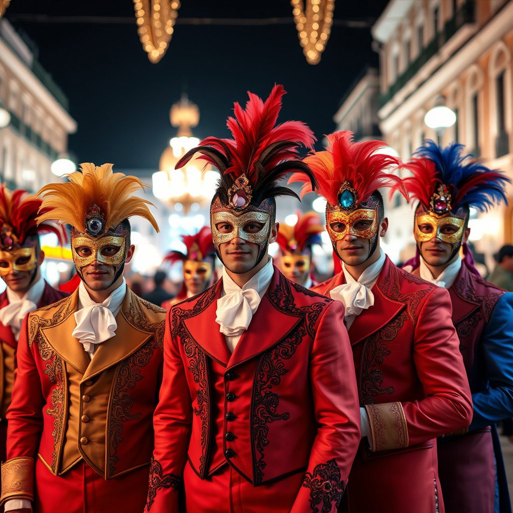 Un grupo vibrante de hombres jóvenes con elaborados trajes de carnaval veneciano, cada uno luciendo máscaras ornamentadas que reflejan la rica cultura festiva de Venecia