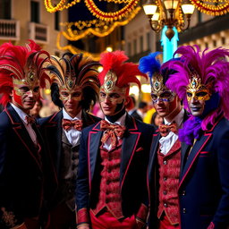 Un grupo vibrante de hombres jóvenes con elaborados trajes de carnaval veneciano, cada uno luciendo máscaras ornamentadas que reflejan la rica cultura festiva de Venecia