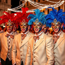 Un grupo vibrante de hombres jóvenes con elaborados trajes de carnaval veneciano, cada uno luciendo máscaras ornamentadas que reflejan la rica cultura festiva de Venecia