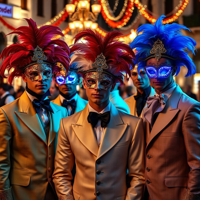 Un grupo vibrante de hombres jóvenes con elaborados trajes de carnaval veneciano, cada uno luciendo máscaras ornamentadas que reflejan la rica cultura festiva de Venecia