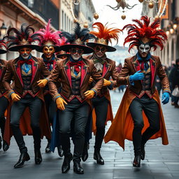 Un grupo dinámico de hombres jóvenes luciendo trajes de carnaval veneciano, cada uno con elaboradas máscaras, guantes y vestimentas vibrantes