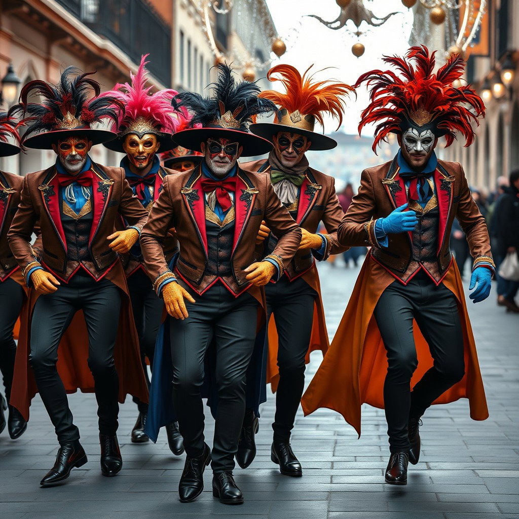 Un grupo dinámico de hombres jóvenes luciendo trajes de carnaval veneciano, cada uno con elaboradas máscaras, guantes y vestimentas vibrantes