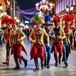 Un grupo dinámico de hombres jóvenes luciendo trajes de carnaval veneciano, cada uno con elaboradas máscaras, guantes y vestimentas vibrantes