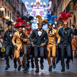 Un grupo dinámico de hombres jóvenes luciendo trajes de carnaval veneciano, cada uno con elaboradas máscaras, guantes y vestimentas vibrantes