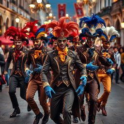 Un grupo dinámico de hombres jóvenes luciendo trajes de carnaval veneciano, cada uno con elaboradas máscaras, guantes y vestimentas vibrantes
