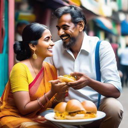 A cheerful couple blissfully sharing vadapav, an Indian street food, in a lively, colorful outdoor setting