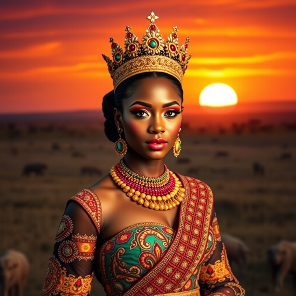 A regal African princess dressed in a stunning, intricately designed traditional gown adorned with colorful beadwork and intricate patterns