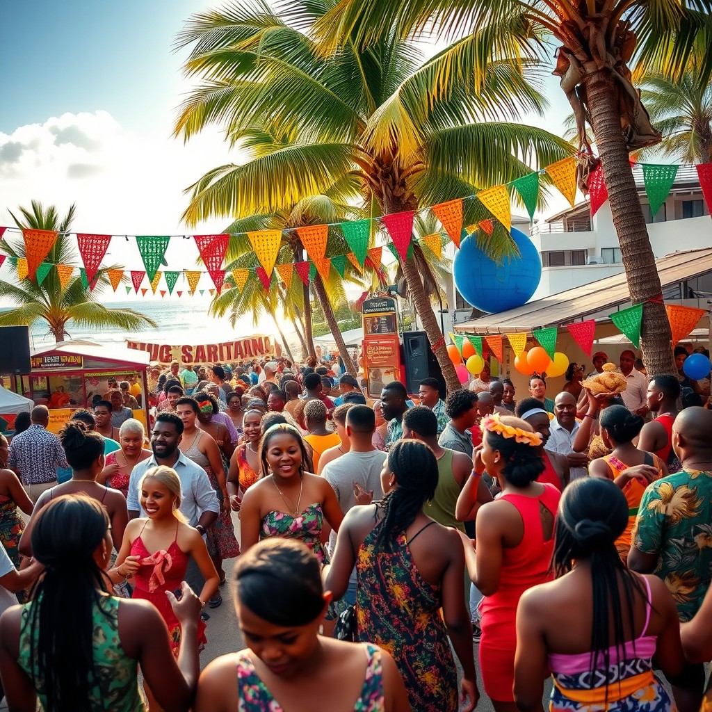 A lively Caribbean street party filled with vibrant energy and colorful decorations