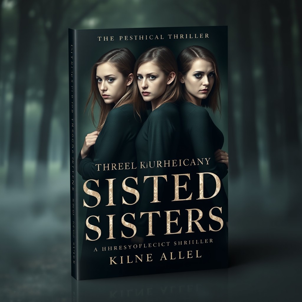 A gripping book cover design for a psychological thriller centered around three identical sisters