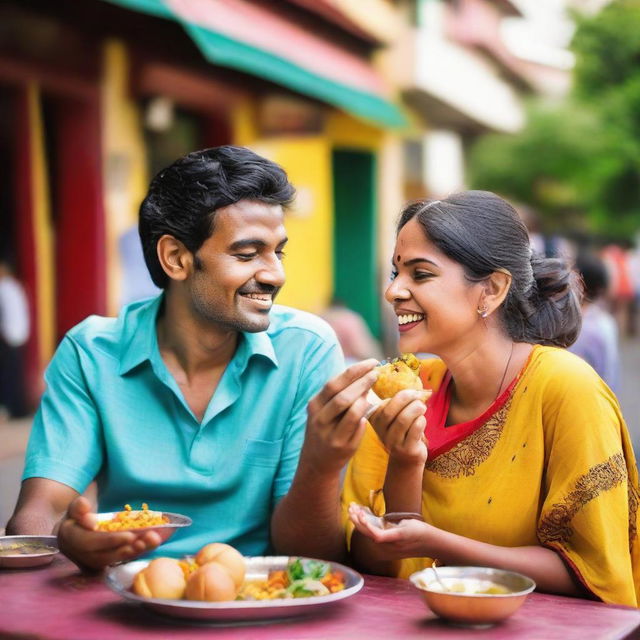 A cheerful couple blissfully sharing vadapav, an Indian street food, in a lively, colorful outdoor setting