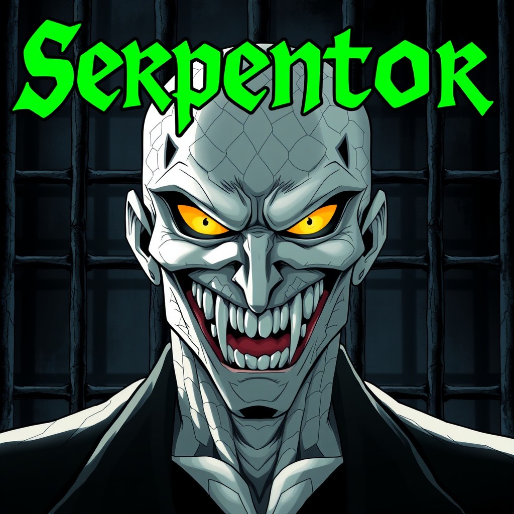 In a dark anime style, the title 'Serpentor' is prominently displayed in a striking green font at the top