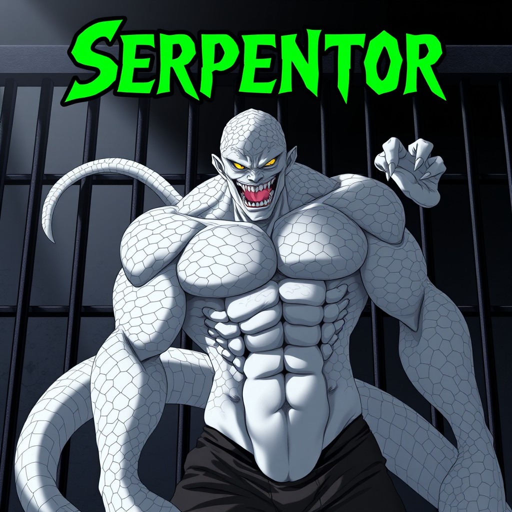In a dark anime style, the title 'Serpentor' is prominently displayed in a vivid green font at the top