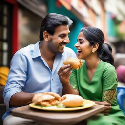 A cheerful couple blissfully sharing vadapav, an Indian street food, in a lively, colorful outdoor setting