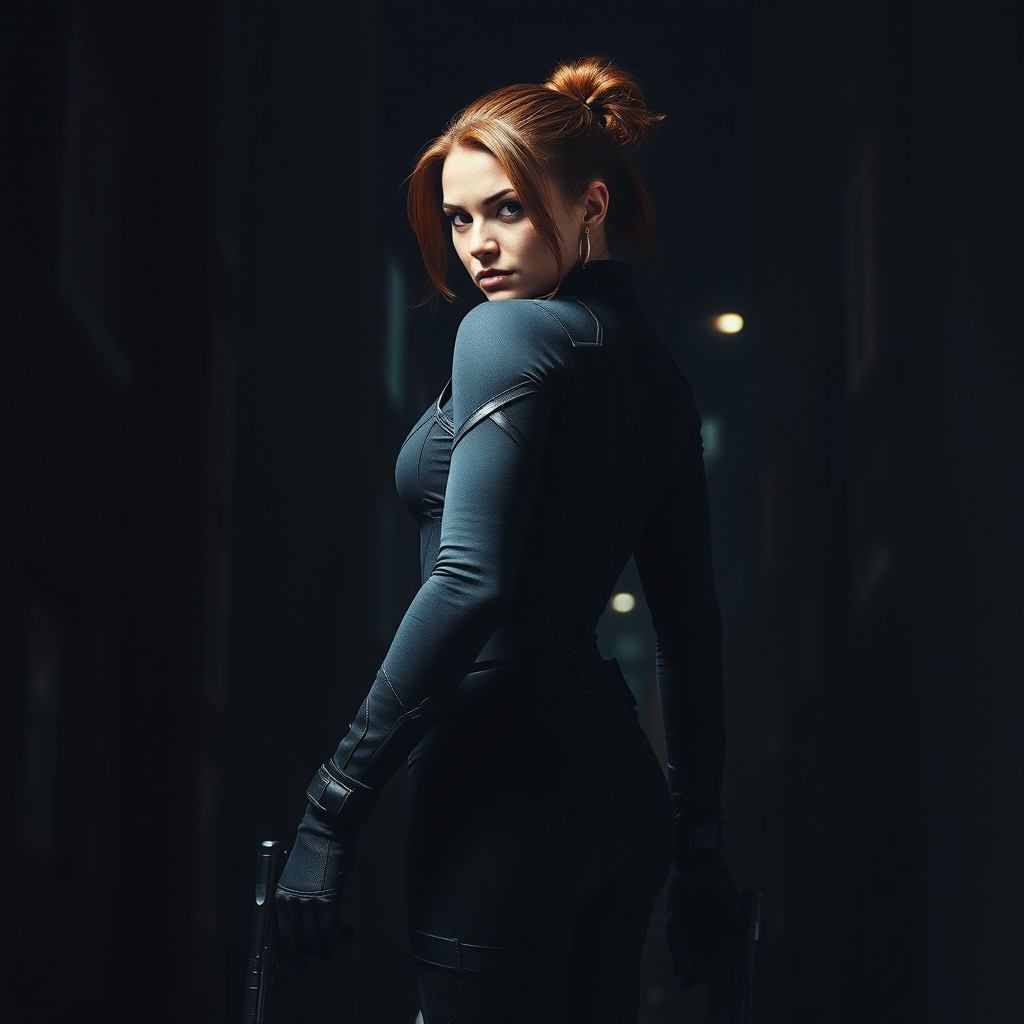 The Black Widow stands tall with her back facing the viewer, her silhouette defined against a dimly lit backdrop