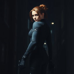 The Black Widow stands tall with her back facing the viewer, her silhouette defined against a dimly lit backdrop