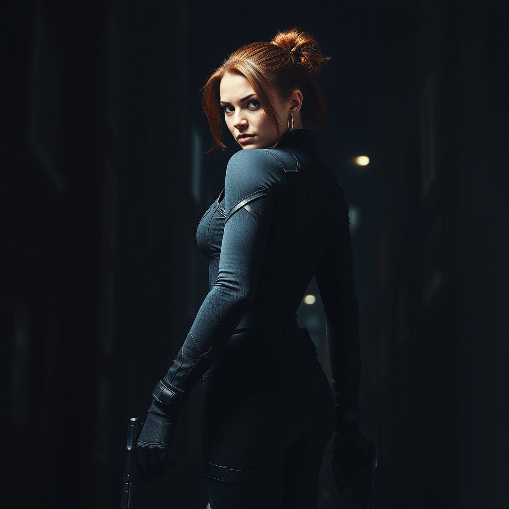 The Black Widow stands tall with her back facing the viewer, her silhouette defined against a dimly lit backdrop