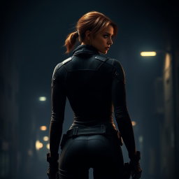 The Black Widow stands tall with her back facing the viewer, her silhouette defined against a dimly lit backdrop