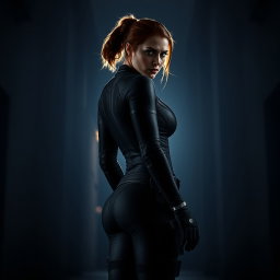 The Black Widow stands tall with her back facing the viewer, her silhouette defined against a dimly lit backdrop