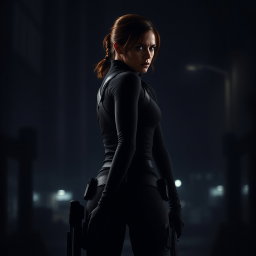 The Black Widow stands tall with her back facing the viewer, her silhouette defined against a dimly lit backdrop