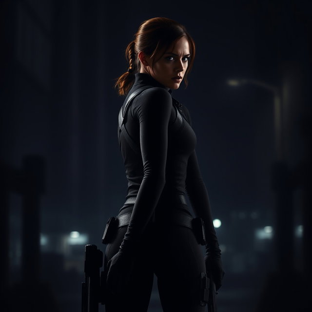 The Black Widow stands tall with her back facing the viewer, her silhouette defined against a dimly lit backdrop