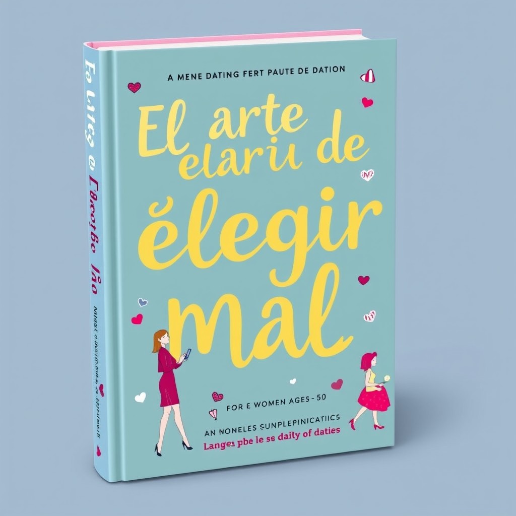 A striking book cover design for 'El arte de elegir mal', reflecting a humorous and ironic take on modern dating for women aged 30 to 50