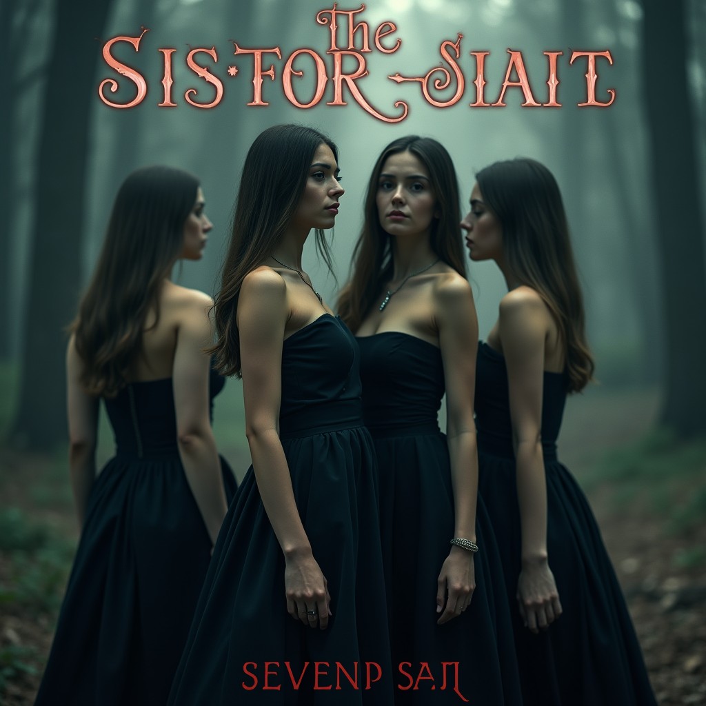A psychological thriller book cover featuring three identical sisters with distinct expressions and emotions