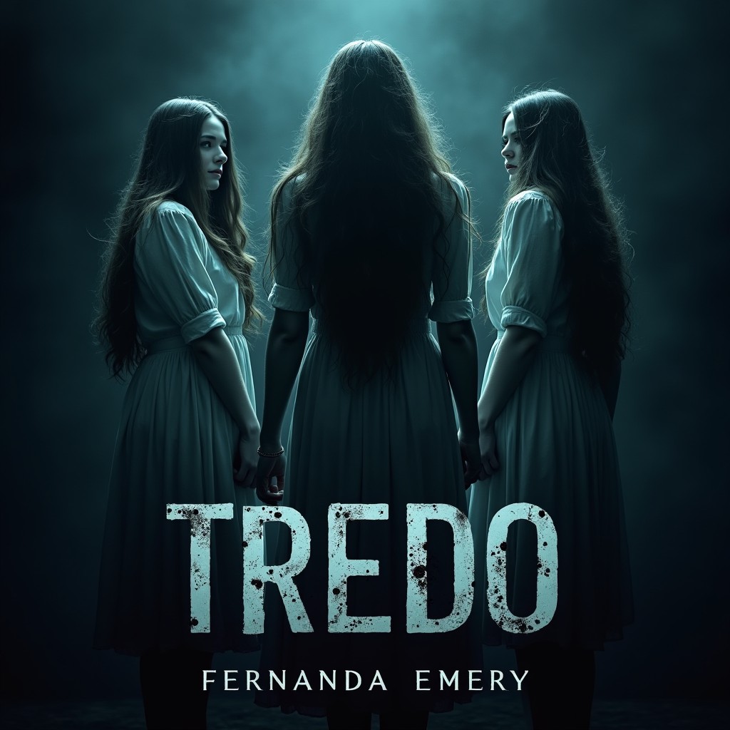 A gripping psychological thriller book cover featuring three identical sisters
