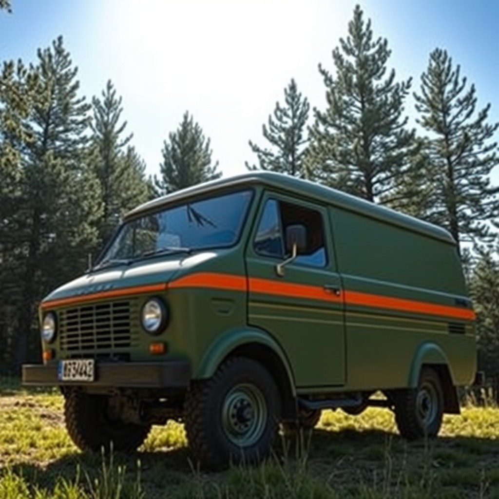 A classic UAZ 'Buhanka' van, a rugged and iconic Russian vehicle, parked in a scenic landscape