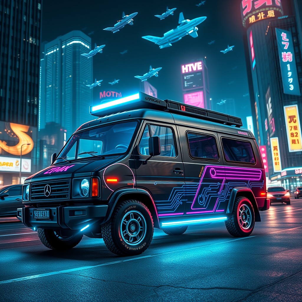A UAZ 'Buhanka' van reimagined in a cyberpunk aesthetic, featuring a sleek, futuristic design with neon blue and pink accents