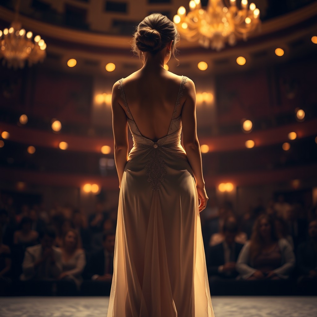 A stunning actress seen from behind, standing on a theater stage with her back facing an audience