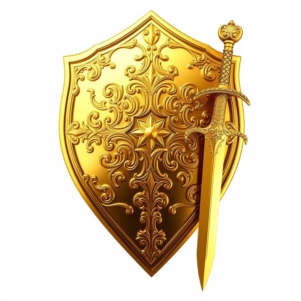 A detailed and ornate gold shield with intricate engravings, combined with a matching sword that has a beautifully crafted hilt