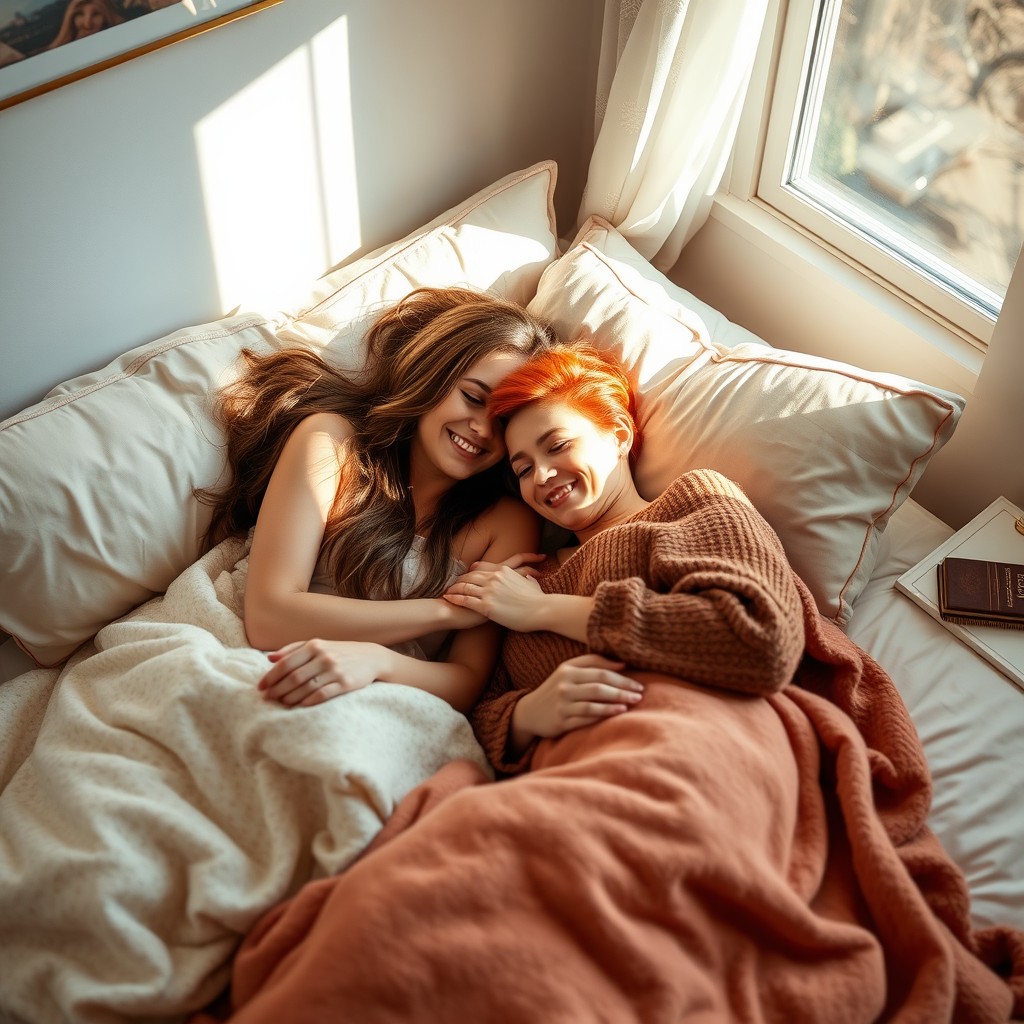 A cozy and intimate bedroom scene featuring two women lying together in bed, surrounded by soft, warm blankets