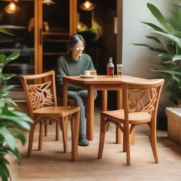 An intricately detailed, teak wood dining chair of natural color, showcasing a fire-inspired design, nestled in a cozy cafe setting with a friend sitting nearby engaged in conversation.