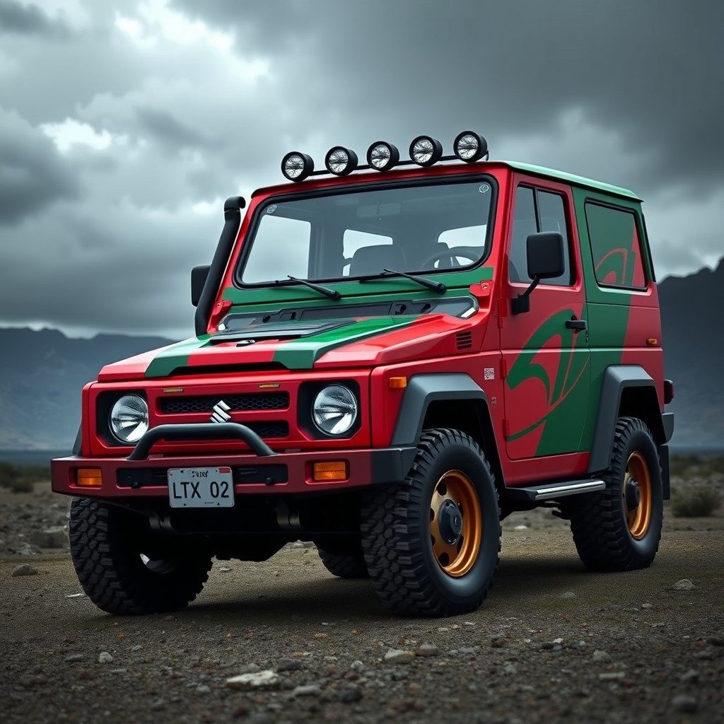 A Suzuki LJ80, an iconic 4x4 vehicle, creatively designed with details inspired by EVA Unit 02 from the anime Neon Genesis Evangelion