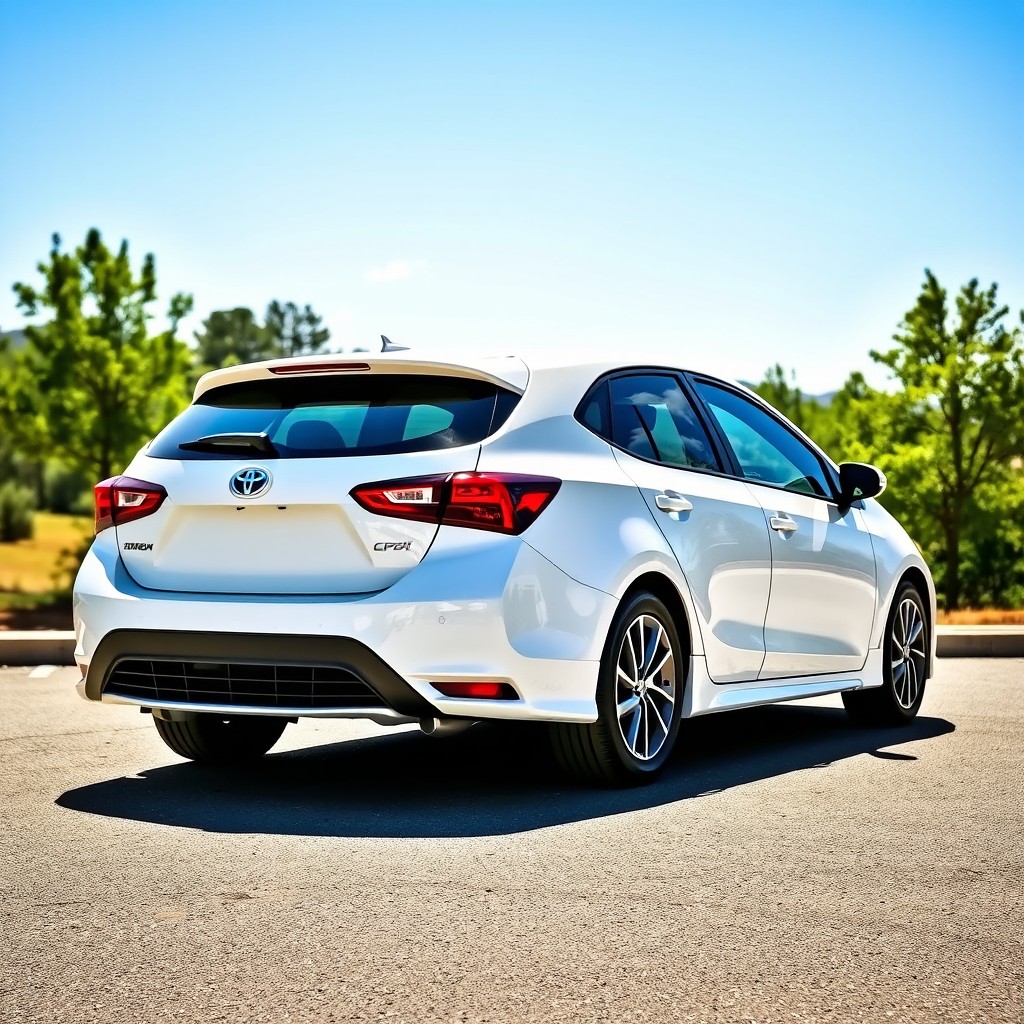 A pristine white Toyota Corolla parked elegantly in a scenic setting