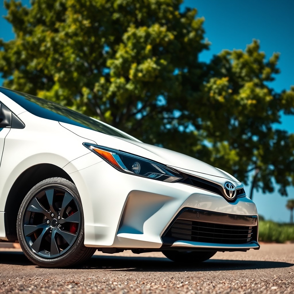 A pristine white Toyota Corolla parked elegantly in a scenic setting