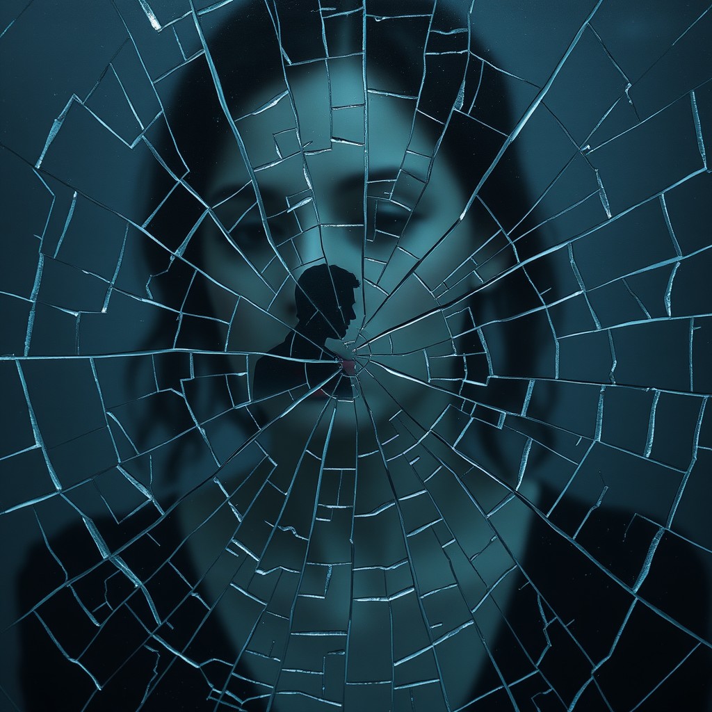 A close-up view of a shattered glass surface filled with intricate, sharp cracks spreading throughout