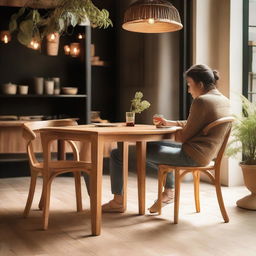 An intricately detailed, teak wood dining chair of natural color, showcasing a fire-inspired design, nestled in a cozy cafe setting with a friend sitting nearby engaged in conversation.