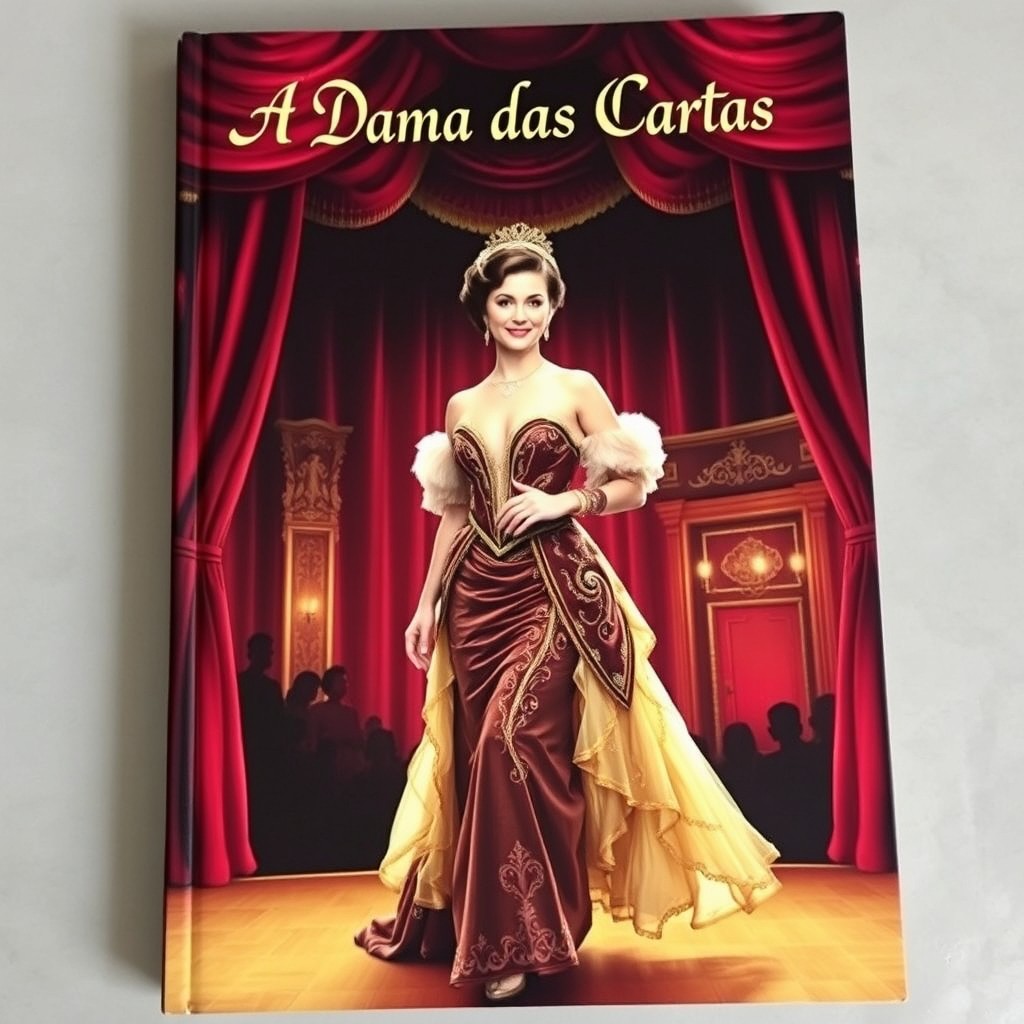 A captivating book cover for 'A Dama das Cartas', featuring a stunning actress in an elaborately detailed costume, stepping onto a grand stage