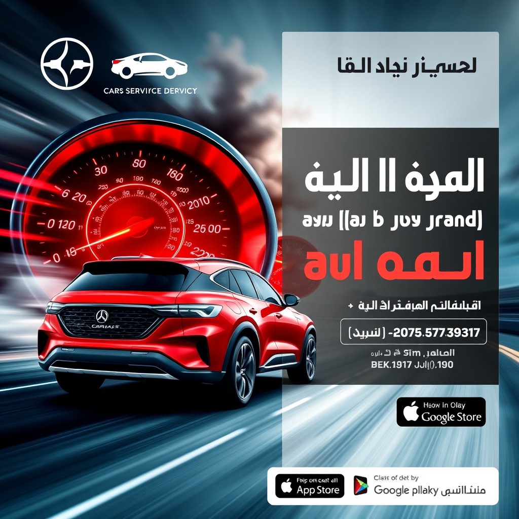 A striking car advertisement featuring a modern red SUV in the foreground, positioned on a dynamic background that conveys speed and excitement
