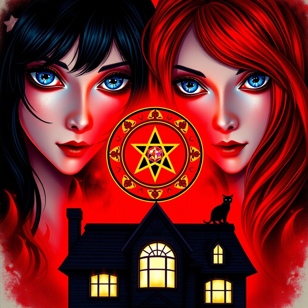 Two sisters with blue eyes, one with black hair and the other with red hair, gazing mysteriously