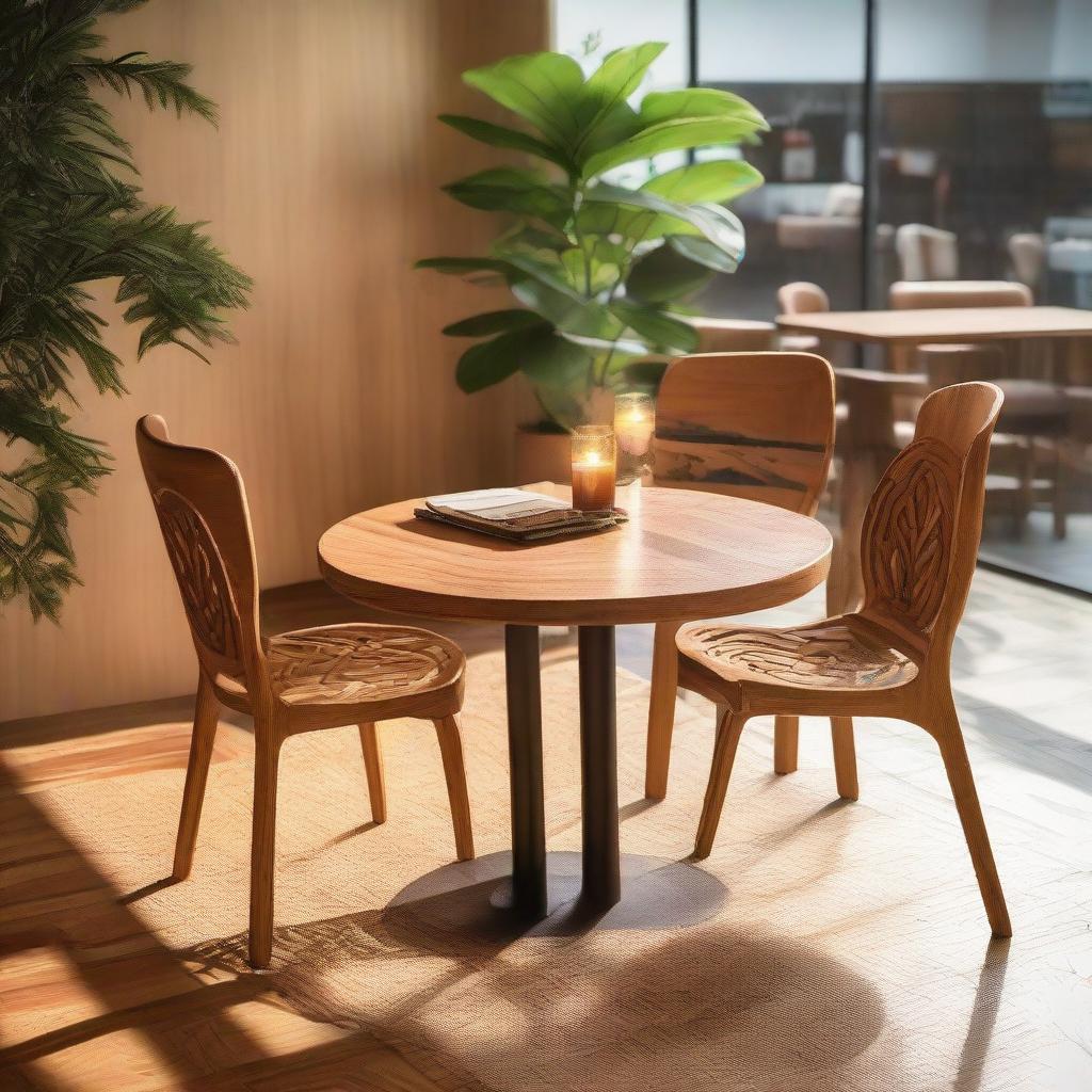 An intricately detailed, teak wood dining chair of natural color, showcasing a fire-inspired design, nestled in a cozy cafe setting with a friend sitting nearby engaged in conversation.