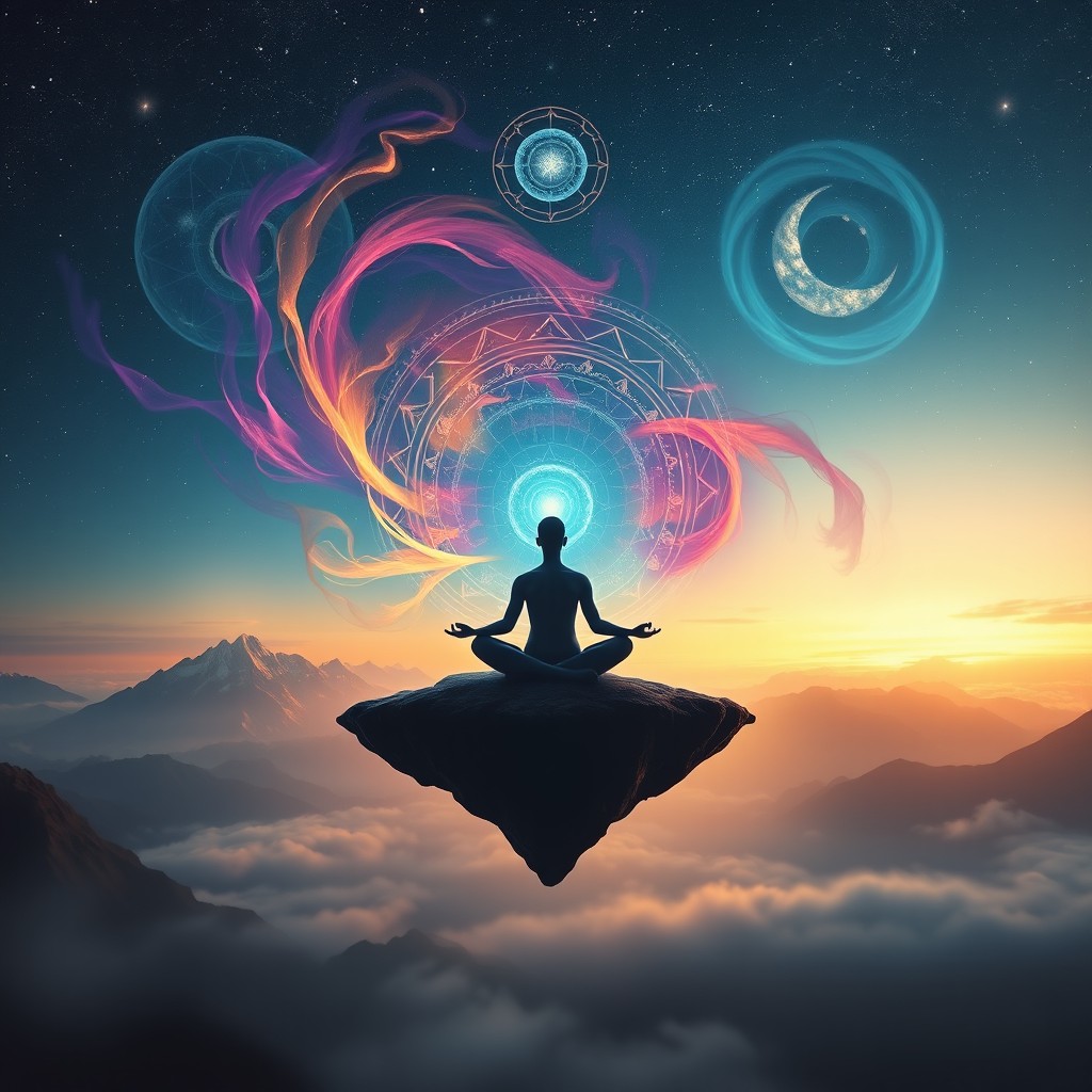 An enigmatic and mystical representation of the concept 'Mazhbi', combining elements of spiritual awakening and enlightenment
