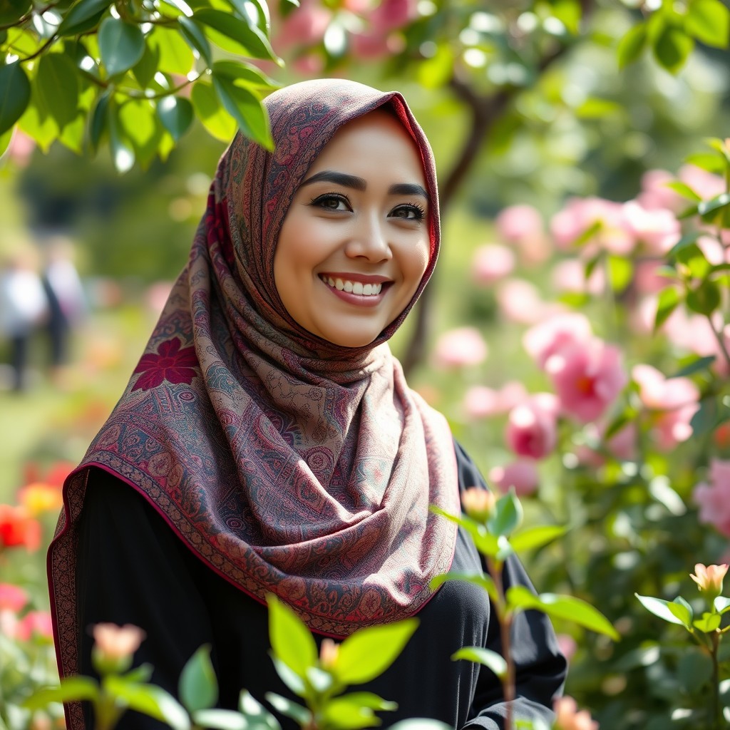 A beautiful Muslim woman wearing a colorful hijab, with intricate patterns that reflect cultural elegance