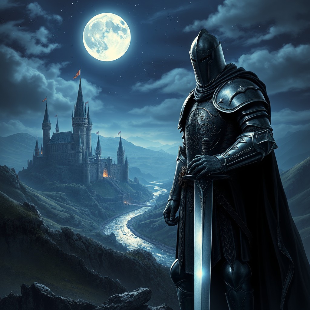 A dark knight in full armor standing valiantly, with a flowing black cape, gripping a shining sword, the intricate details of his armor reflect the moonlight