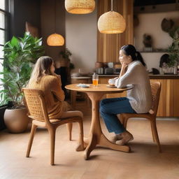 An intricately detailed, teak wood dining chair of natural color, showcasing a fire-inspired design, nestled in a cozy cafe setting with a friend sitting nearby engaged in conversation.