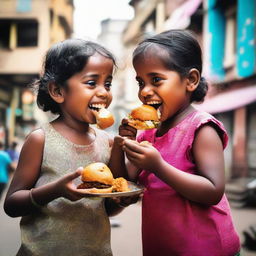 A boy and a girl joyfully nibbling on vadapav, a popular Indian snack, amid a vibrant cityscape