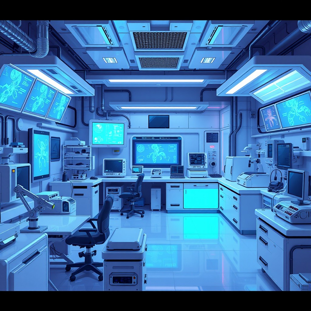 A futuristic scientific research laboratory, compact in design and represented in 64x64 pixel art